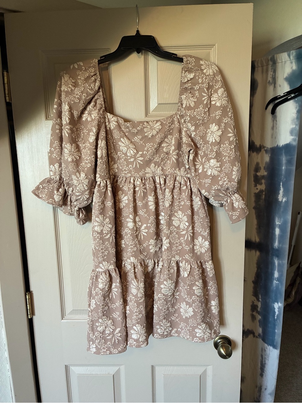 Puff Sleeve Sweetheart Neckline Embossed Mini Dress